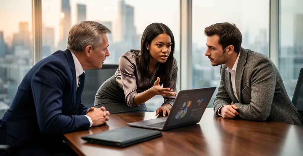 Finance and RevOps team members discussing commission rules at conference table