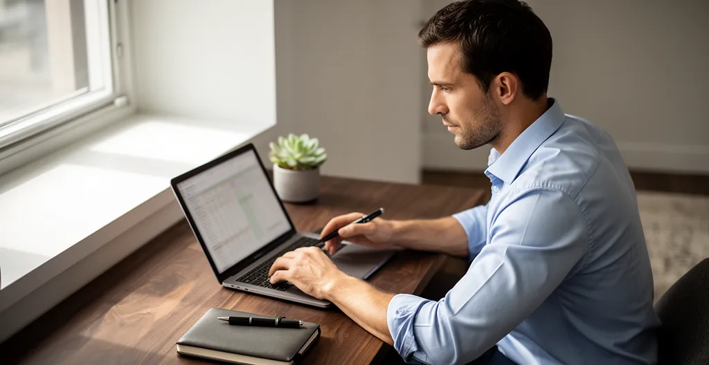 RevOps manager reviewing evaluation criteria on laptop in quiet office corner