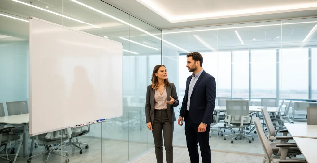 Two sales professionals standing side by side discussing near whiteboard in bright meeting room