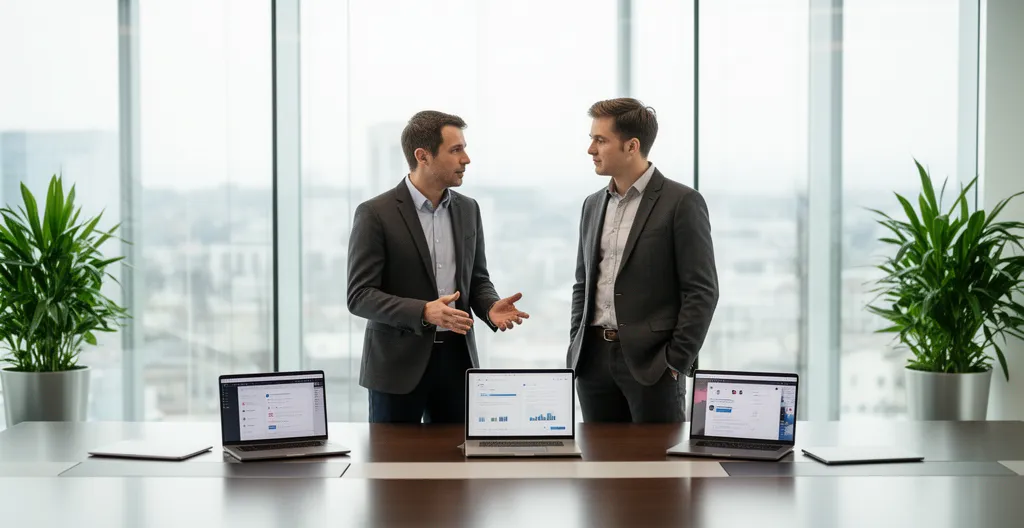 Two business colleagues in discussion at meeting table with laptops