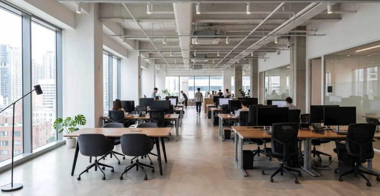 Wide-angle view of a modern open-plan office interior with clean contemporary desks, computer monitors with blurred screens, and abundant natural daylight flooding through large windows