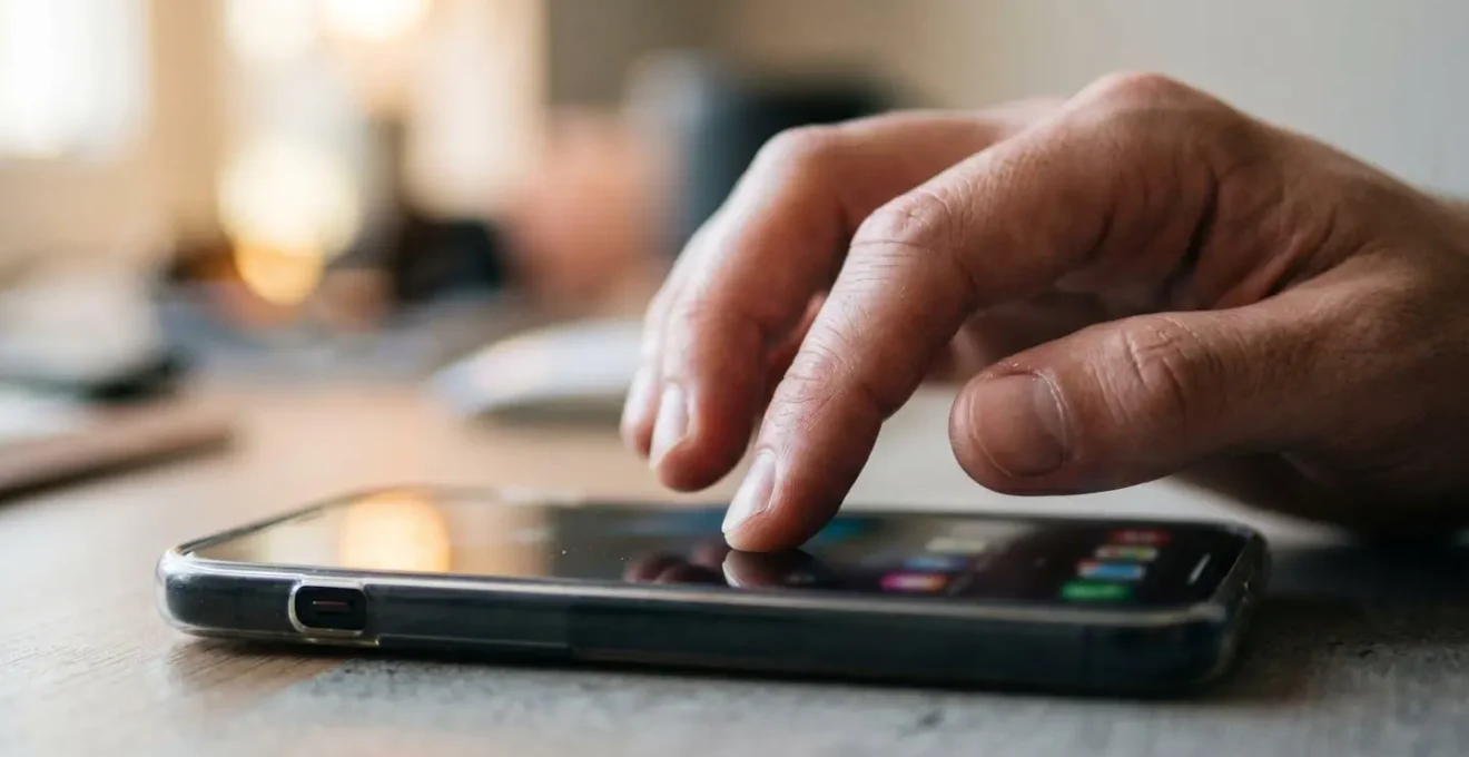Extreme close-up of a hand typing a search query on a contemporary smartphone with shallow depth of field and screen content completely blurred