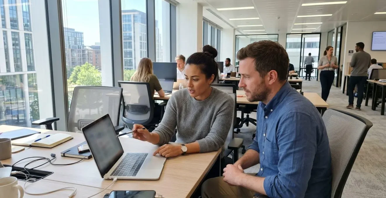 Two marketing professionals collaborating at a laptop in a contemporary London office, reviewing analytics dashboard with natural daylight streaming through windows