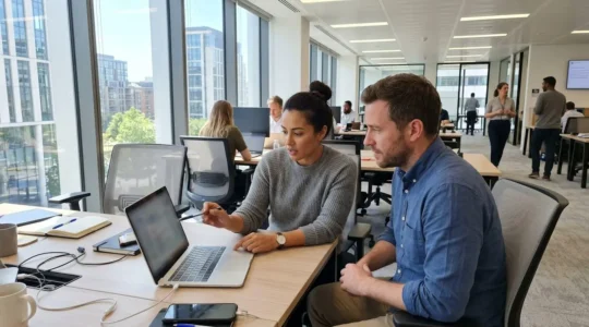 Two marketing professionals collaborating at a laptop in a contemporary London office, reviewing analytics dashboard with natural daylight streaming through windows